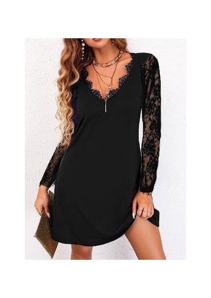 Kadın Uzun Kollu Yaka ve Kol Dantel Detay Sandy Mini Boy Elbise fiyatları