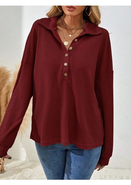 Kadın Uzun Kollu Yakalı Düğmeli Salaş Waffle Bluz modelleri