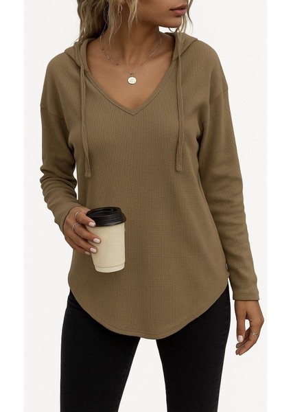 Kadın Uzun Kollu V Yakalı Kapşonlu Waffle Bluz fırsatları