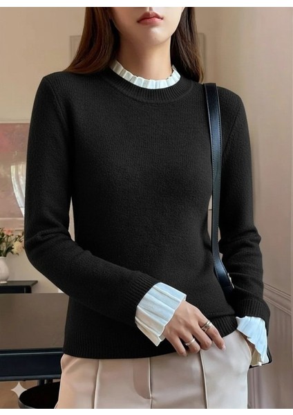 Kadın Uzun Kollu Fırfırlı Yakalı Triko Bluz fırsatları