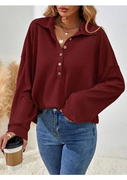 Kadın Uzun Kollu Yakalı Düğmeli Salaş Waffle Bluz