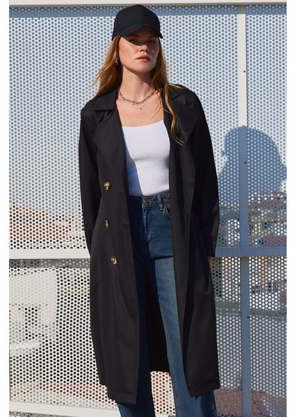 5853 Kruvaze Yaka Trençkot - Siyah