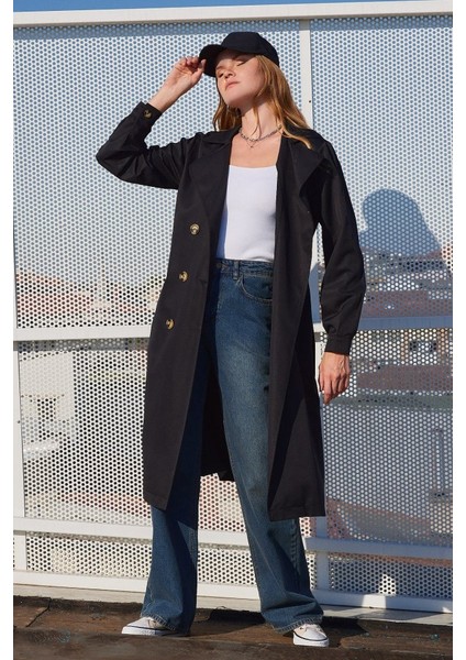 5853 Kruvaze Yaka Trençkot - Siyah modelleri