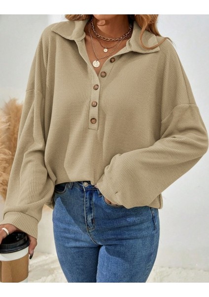 Kadın Uzun Kollu Yakalı Düğmeli Salaş Waffle Bluz