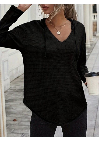 Kadın Uzun Kollu V Yakalı Kapşonlu Waffle Bluz