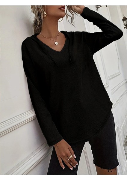 Kadın Uzun Kollu V Yakalı Kapşonlu Waffle Bluz fiyatları