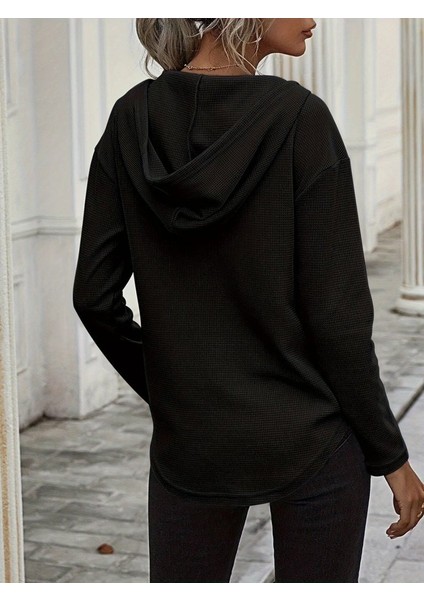Kadın Uzun Kollu V Yakalı Kapşonlu Waffle Bluz modelleri