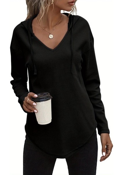 Kadın Uzun Kollu V Yakalı Kapşonlu Waffle Bluz indirimleri