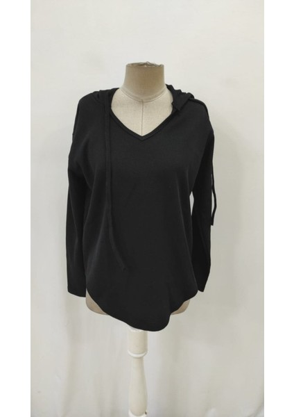 Kadın Uzun Kollu V Yakalı Kapşonlu Waffle Bluz