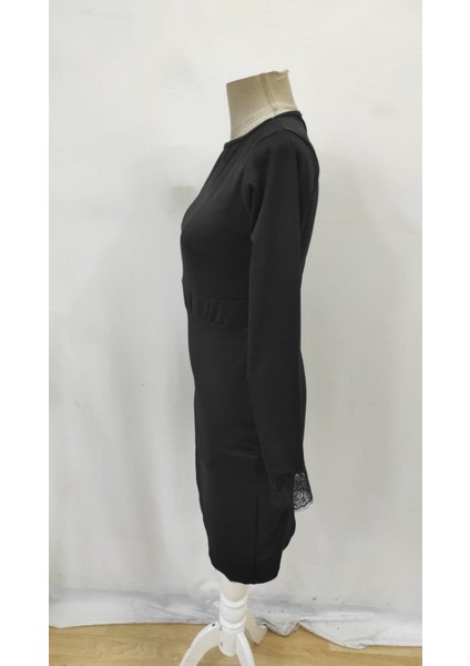 Kadın Uzun Kollu Bisiklet Yaka Önden Dantel ve Yırtmaç Detaylı Dalgıç Elbise