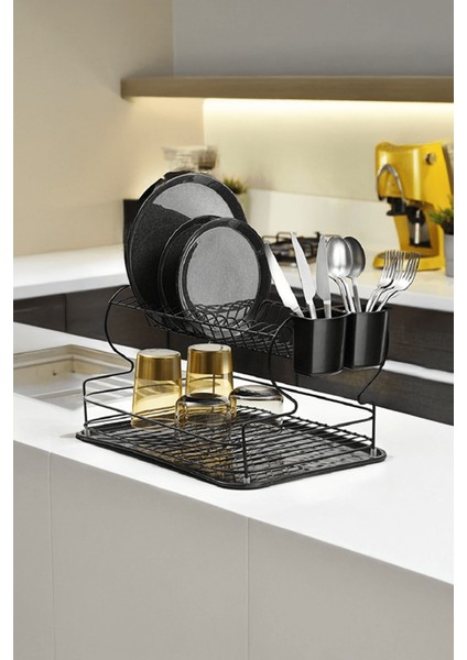 Haus 2 Katlı Siyah Bulaşıklık – Dayanıklı Paslanmaz Termoplastik Kaplama Bulaşık Sepeti, Tepsili, Tabak ve Kaşık Kurutmalık