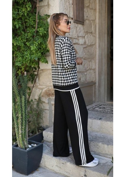 Kadın Uzun Kollu Bisiklet Yaka Kazayağı Desenli Iki Iplik Bluz ve Viskon Iki Iplik Pantolon Ikili Takım fiyatları