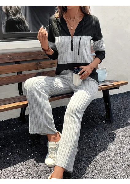 Kadın Uzun Kollu Kapşonlu Önden Fermuarlı Şardonlu Kaşkorse Bluz ve Pantolon modelleri