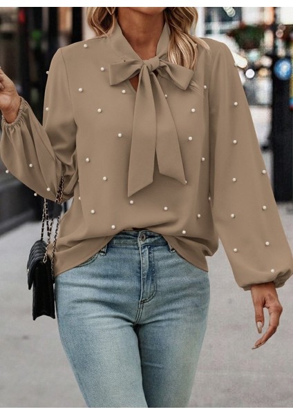 Kadın Uzun Kollu Yakadan Fiyonklu Incili Ithal Krep Bluz