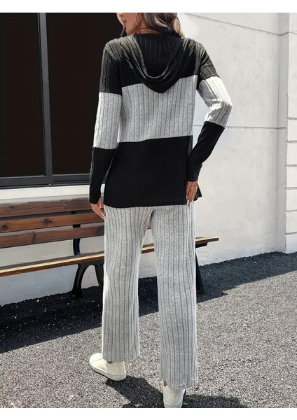 Kadın Uzun Kollu Kapşonlu Önden Fermuarlı Şardonlu Kaşkorse Bluz ve Pantolon