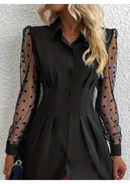 Kadın Uzun Kollu Yakalı Düğmeli Mini Ithal Krep Elbise fiyatları