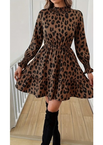 Kadın Uzun Kollu Yarı Balıkçı Yaka Leopar Desenli Modal Mini Elbise