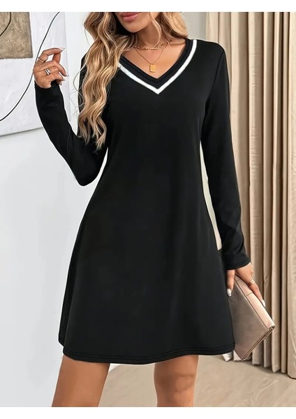 Kadın Uzun Kollu V Şerit Yakalı Kısa Viskon Iki Iplik Elbise