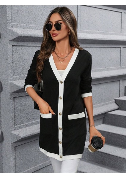 Kadın Uzun Kollu Cepli Önden Düğmeli Uzun Modal Ceket Hırka