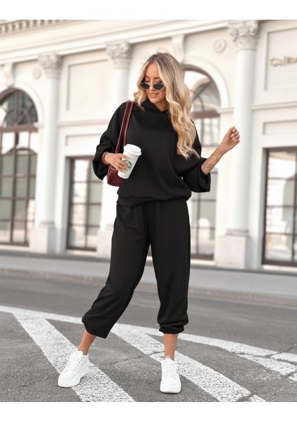 Kadın Uzun Kollu Kapşonlu Viskon Iki Iplik Bluz ve Pantolon Ikili Takım