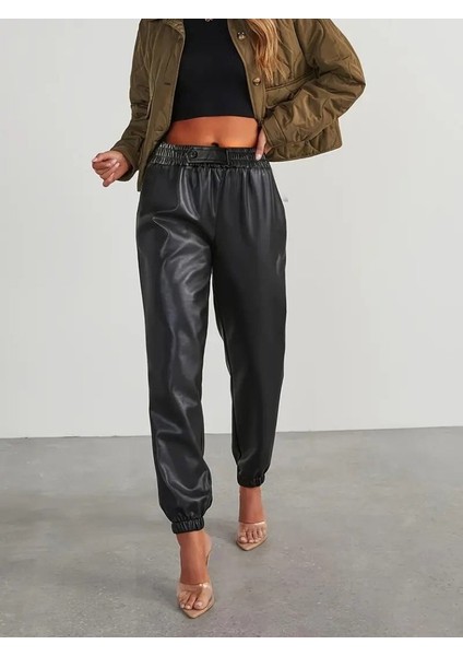 Kadın Yüksek Bel Lastikli Önü Düğmeli Deri Pantolon fırsatları