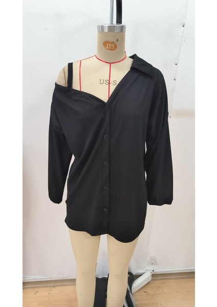 Kadın Tek Omuzdan Açık Askılı Uzun Kollu Yakalı Önden Düğmeli Gömlek