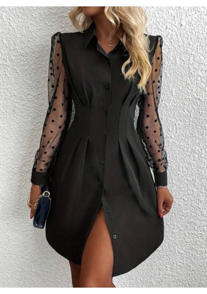 Kadın Uzun Kollu Yakalı Düğmeli Mini Ithal Krep Elbise