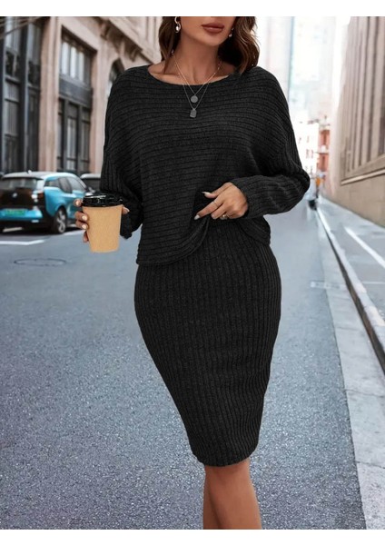 Kadın Uzun Kollu Iki Yanı Açık Yaka Detaylı Bluz ve Etek Şardonlu Kaşkorse Ikili Takım fiyatları