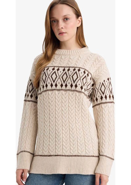 Regular Fit Bisiklet Yaka Desenl Triko Kazak Tunik G6341AX25WN