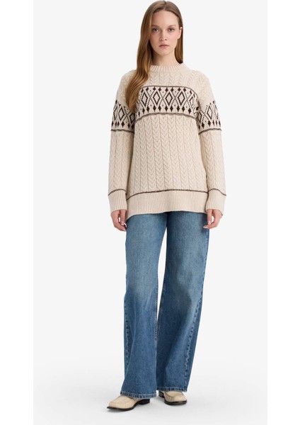 Regular Fit Bisiklet Yaka Desenl Triko Kazak Tunik G6341AX25WN fiyatları