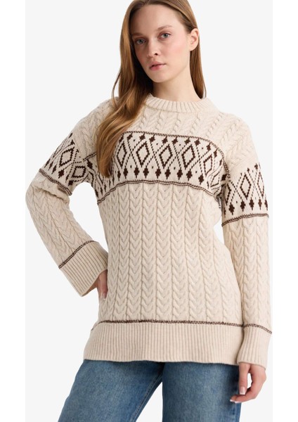 Regular Fit Bisiklet Yaka Desenl Triko Kazak Tunik G6341AX25WN modelleri