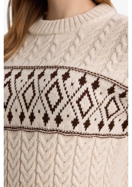 Regular Fit Bisiklet Yaka Desenl Triko Kazak Tunik G6341AX25WN fırsatları