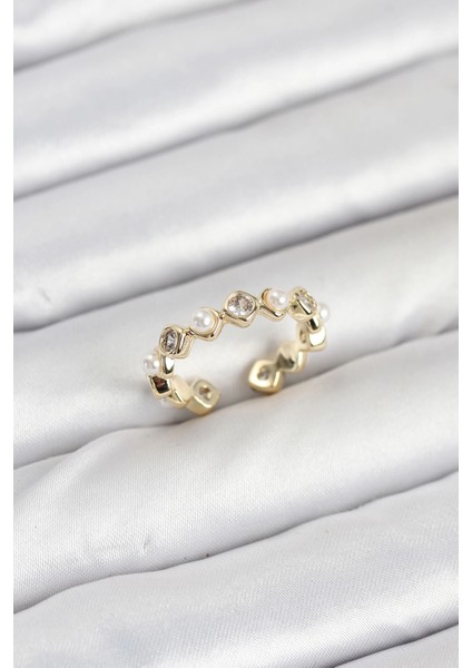 Pirinç Gold Renk Zirkon Taşlı Incili Kadın Yüzük