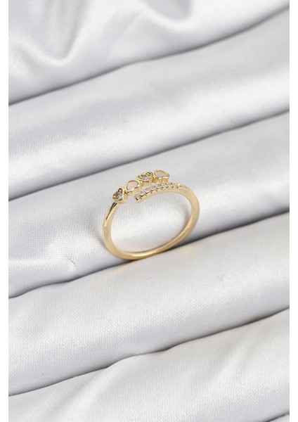 Pirinç Gold Renk Kalpli Detaylı Zirkon Taşlı Kadın Yüzük