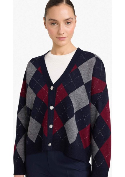 Regular Fit V Yaka Baklava Desenli Düğmeli Triko Hırka G6655AX25WN