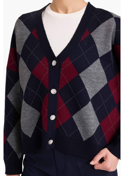 Regular Fit V Yaka Baklava Desenli Düğmeli Triko Hırka G6655AX25WN fırsatları