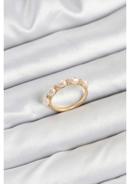 Pirinç Gold Renk Sıralı Incili Kadın Yüzük