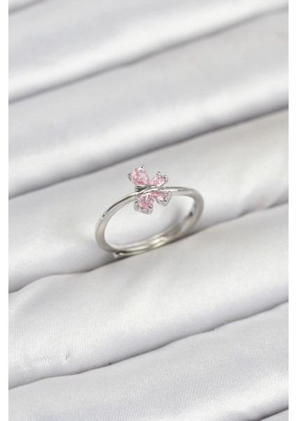 Pirinç Gümüş Renk Pembe Kelebek Kadın Yüzük