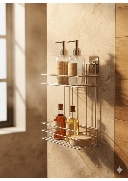 Haus 2 Katlı Parlak Krom Yapışkanlı Banyo Rafı, Duş, Şampuanlık Düzenleyici, Paslanmaz Metal (Vidala/Yapıştır) - TŞ-02 fiyatları