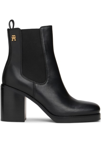 Siyah Deri Kadın Topuklu Bot