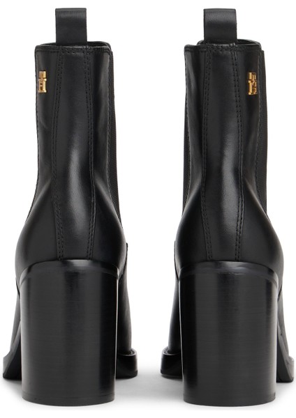 Siyah Deri Kadın Topuklu Bot