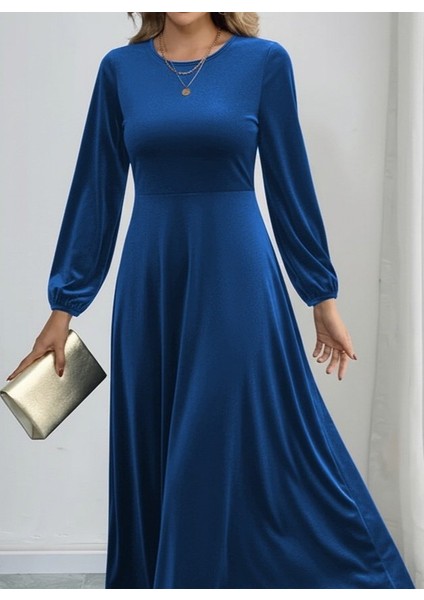 Miracotton Kadın Uzun Kollu Bisiklet Yaka Midi Kadife Mavi Elbise fiyatları