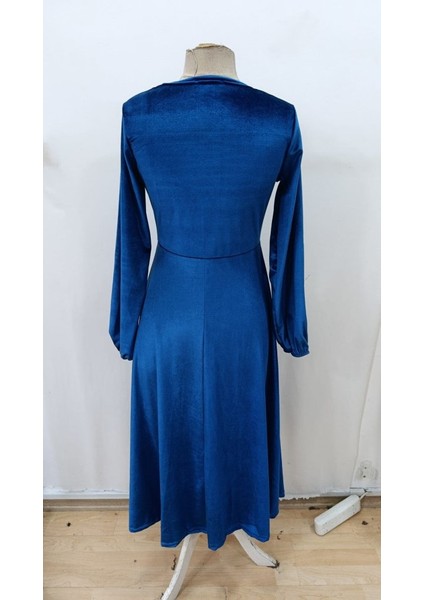 Miracotton Kadın Uzun Kollu Bisiklet Yaka Midi Kadife Mavi Elbise indirimleri