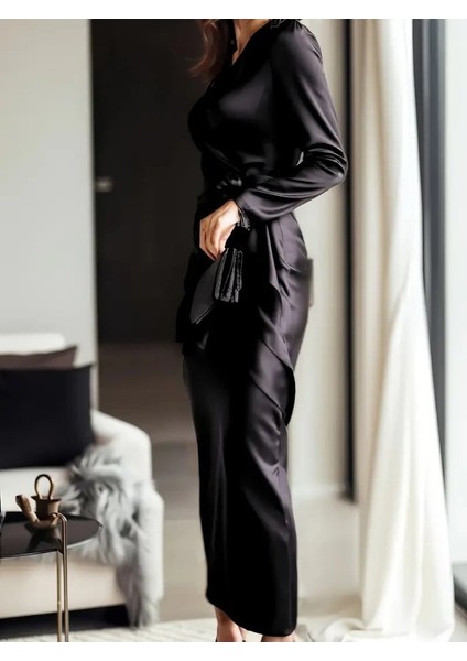 Kadın Uzun Kollu Kruvaze Yakalı Beli Kuşaklı Uzun Saten Elbise fiyatları