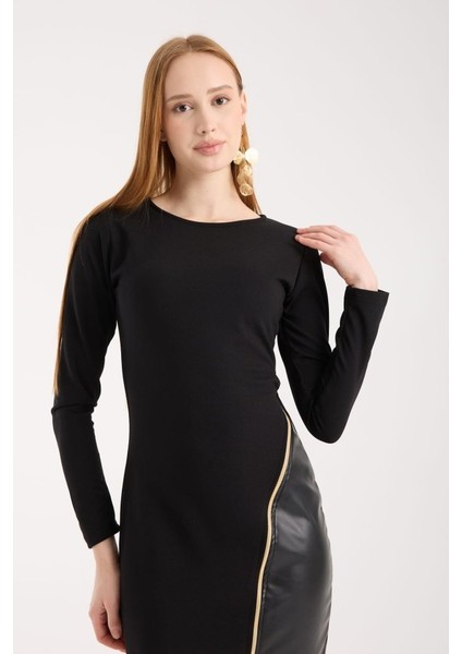 Kadın Bisiklet Yaka Uzun Kollu Deri ve Fermuar Detay Mini Yırtmaçlı Elbise fiyatları