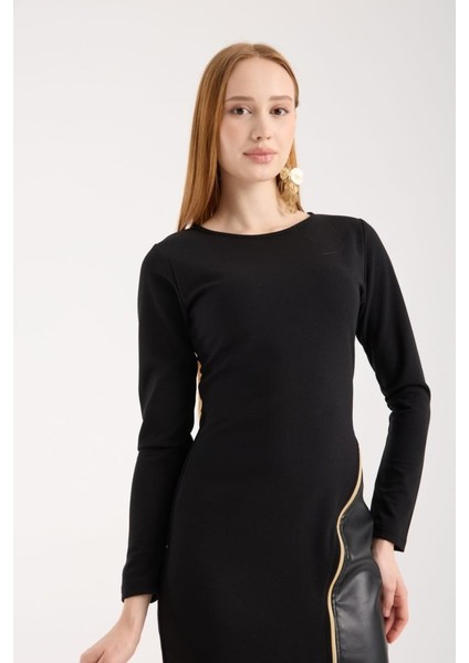 Kadın Bisiklet Yaka Uzun Kollu Deri ve Fermuar Detay Mini Yırtmaçlı Elbise fırsatları