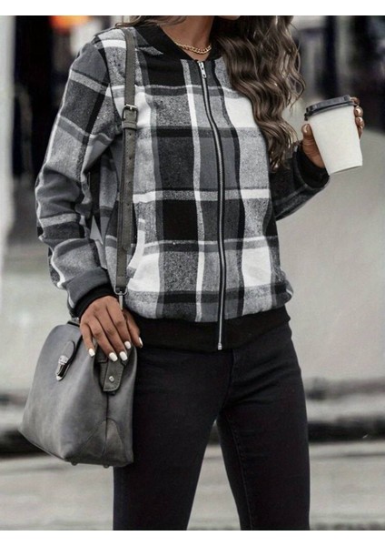 Kadın Uzun Kollu Önden Fermuarlı Ekose Desenli Ceket fırsatları