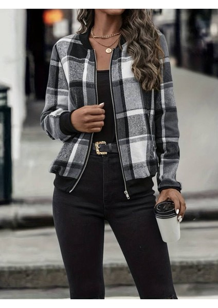 Kadın Uzun Kollu Önden Fermuarlı Ekose Desenli Ceket indirimleri