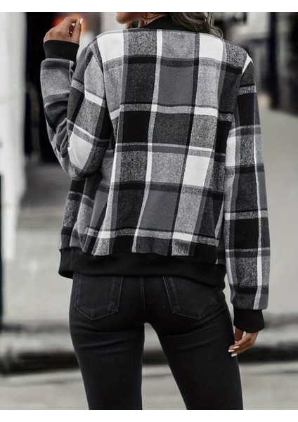 Kadın Uzun Kollu Önden Fermuarlı Ekose Desenli Ceket modelleri