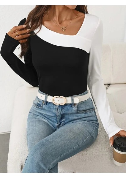 Kadın Uzun Kollu Geometrik Yaka Detaylı Çift Renkli Viskon Bluz fırsatları